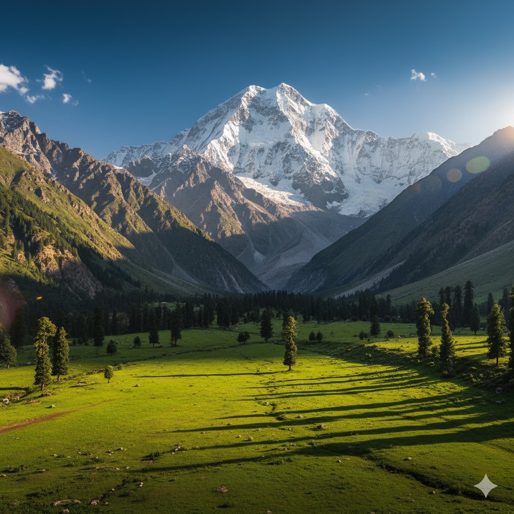 Fairy Meadows with lush green plateau at the base of Nanga Parbat, surrounded by towering mountains and clear skies. Fairy Meadows with lush green plateau at the base of Nanga Parbat, surrounded by towering mountains and clear skies.