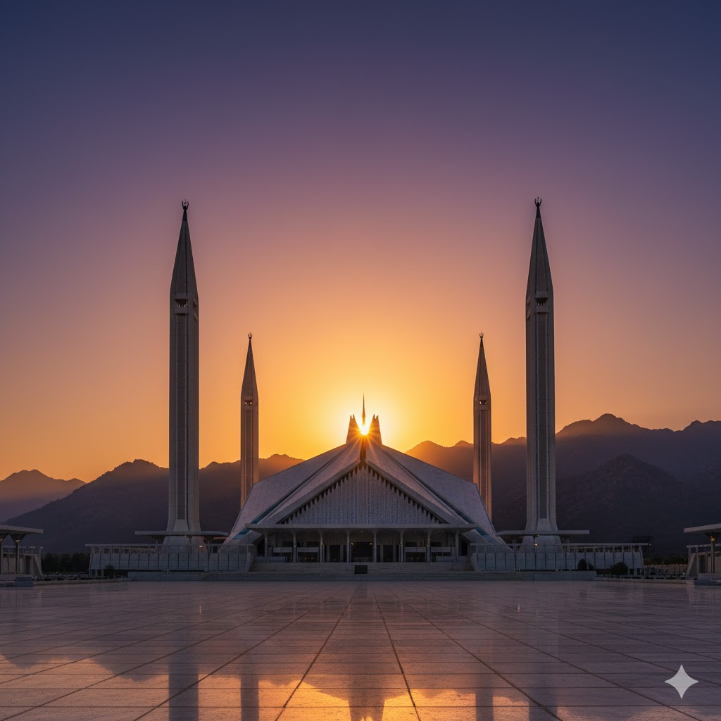 Faisal Mosque at sunset with minarets glowing and Margalla Hills silhouetted in the background.