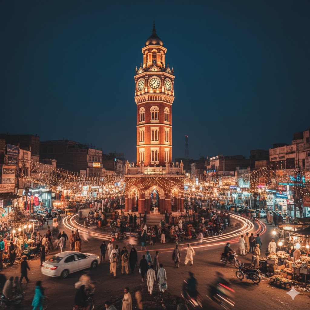 Faisalabad Clock Tower surrounded by bustling bazaars at night.