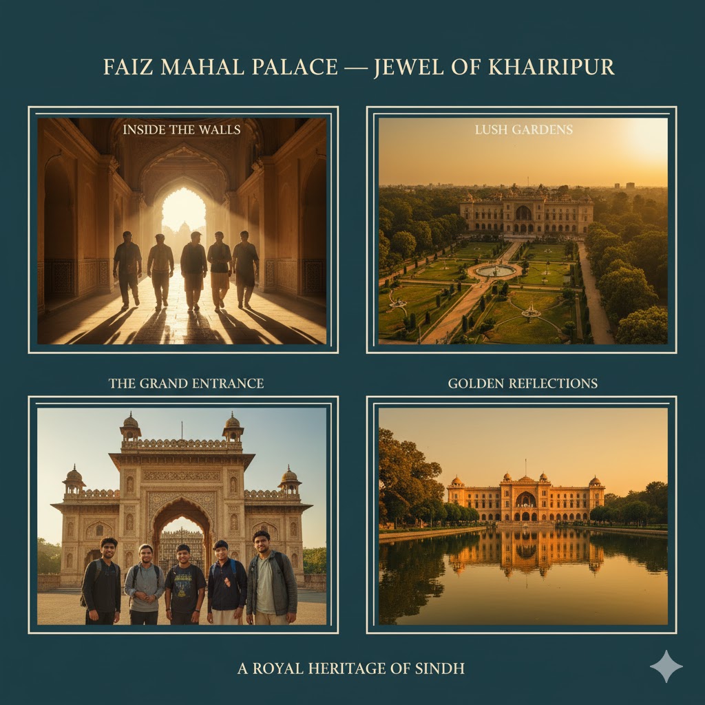Faiz Mahal Palace in Khairpur with lush gardens and golden sunset reflections