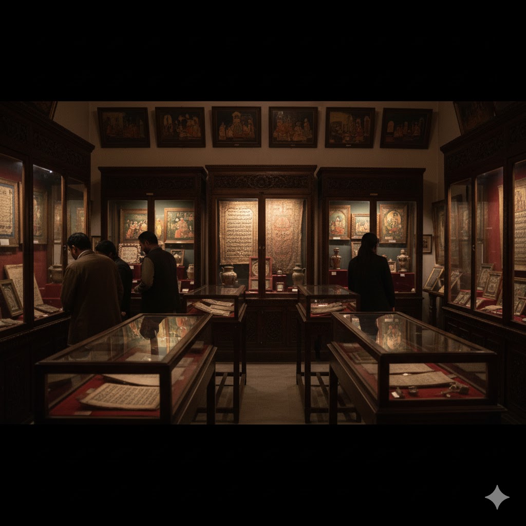Fakir Khana Museum interior showing antique manuscripts, paintings, and artifacts in wooden display cases