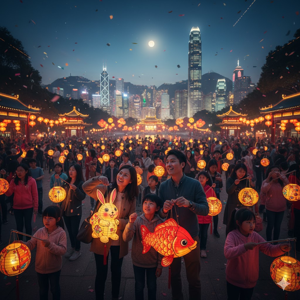 Families carrying glowing moon lanterns during Mid-Autumn Festival in Hong Kong