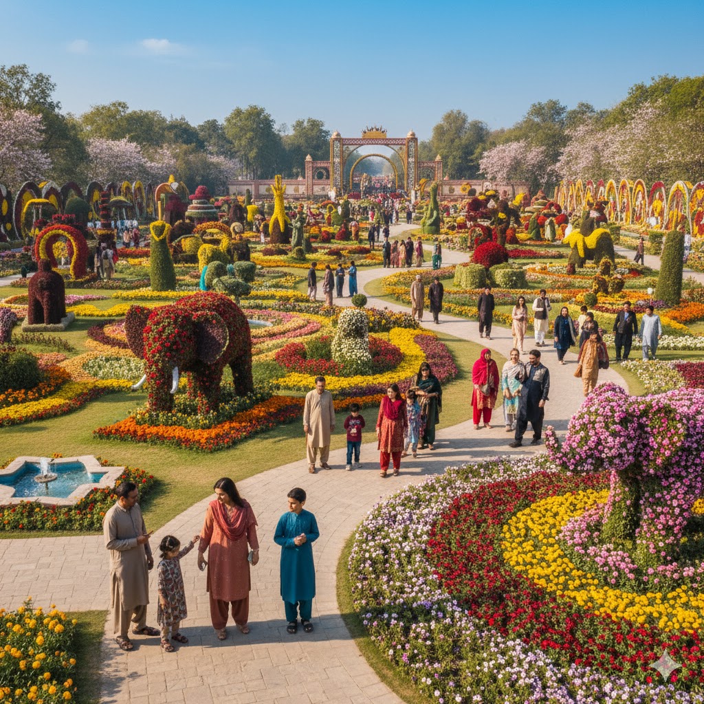 Families enjoying flower displays during Jashn-e-Baharaan festival