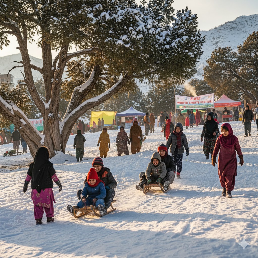 Families enjoying sledding during Ziarat Winter Sports Festival with snow-covered junipers