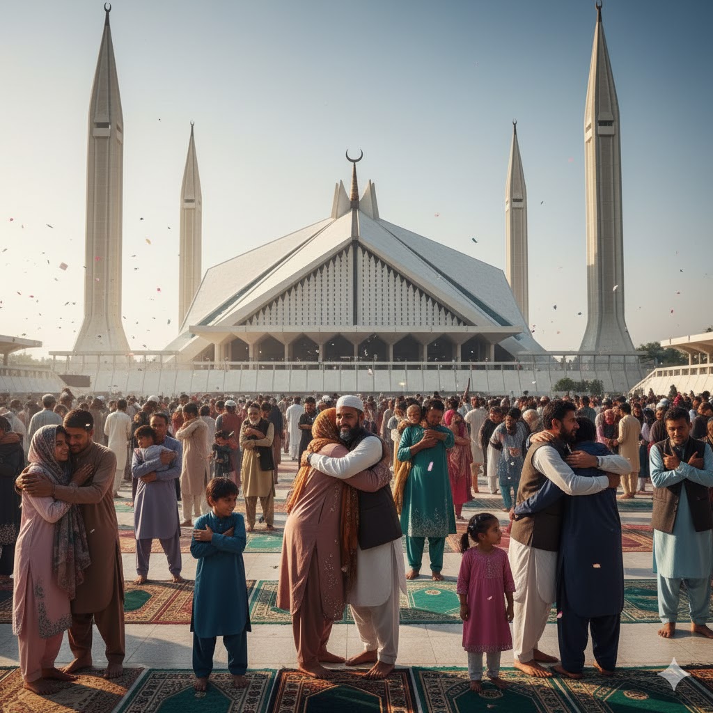 Families hugging after Eid prayers in Faisal Mosque