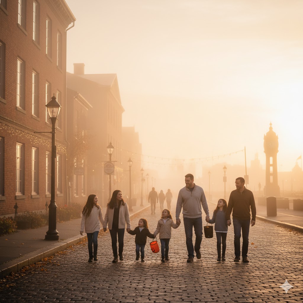 Families walking through dry, misty Halifax streets after a storm. 