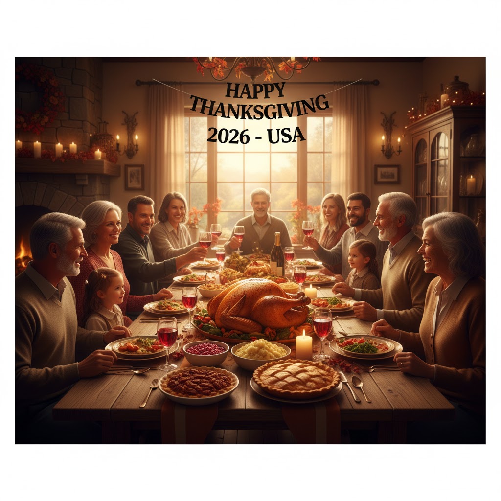Family celebrating Thanksgiving dinner 2026 in the USA