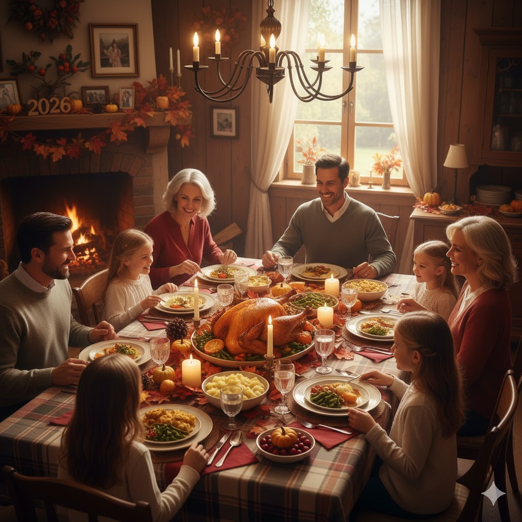 Family enjoying Thanksgiving dinner with turkey and autumn décor 2026