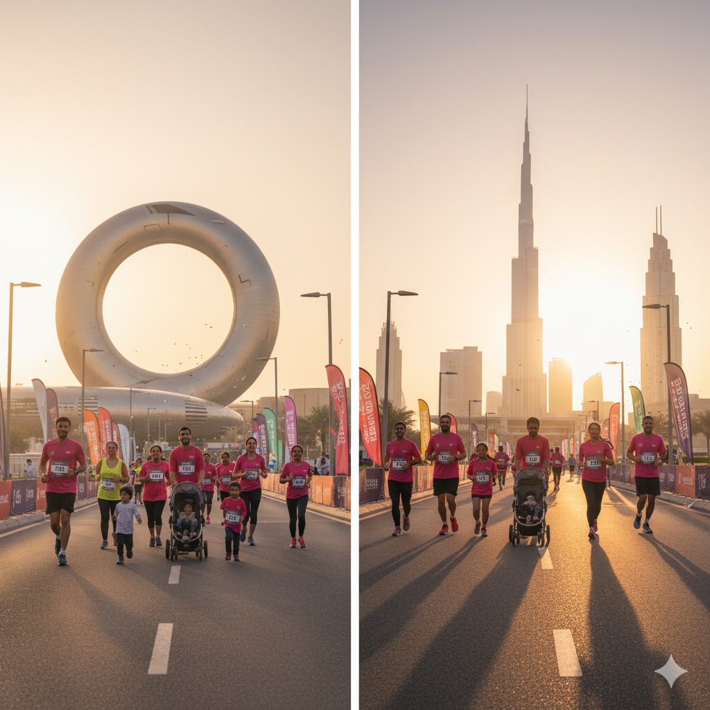 Family-friendly runners participating in the 5km Dubai Run 2025 route near Museum of the Future and Dubai Mall