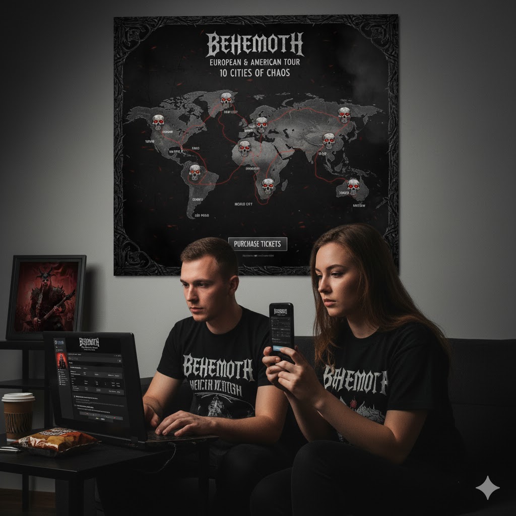 Fans buying tickets online on laptops and phones with Behemoth poster in background