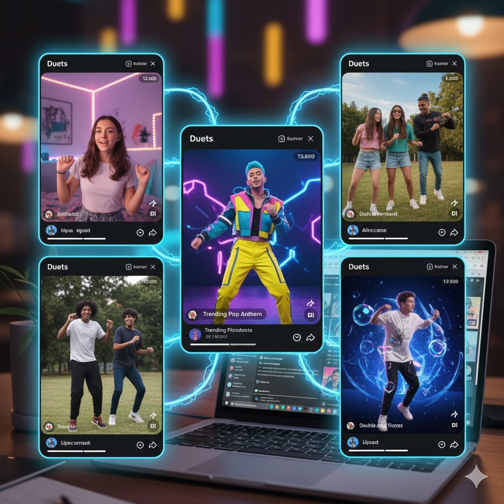 Fans participating in TikTok duets and dance challenges featuring a trending pop song