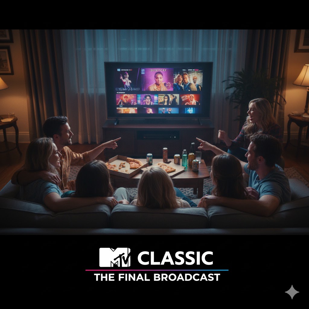 Fans watching old MTV clips together — symbolizing nostalgia and community around the channel’s final broadcast 