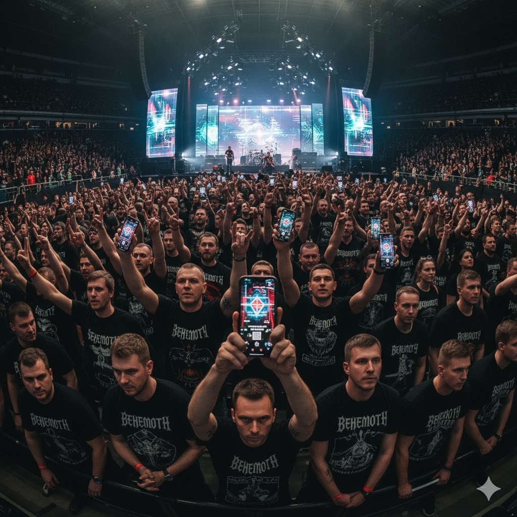 Fans wearing Behemoth merchandise and showing digital NFT tickets on phones.