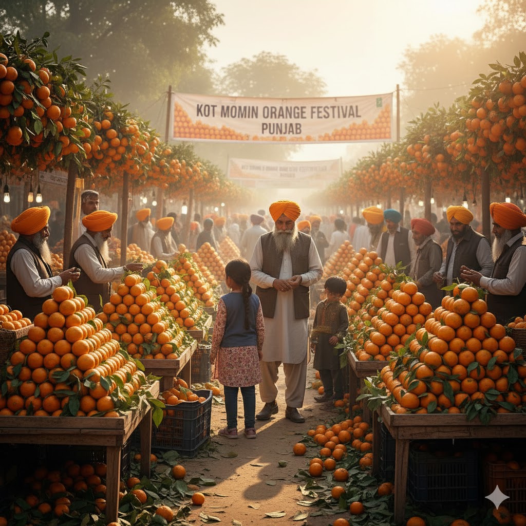 Farmers and visitors enjoying Kot Momin Orange Festival, Punjab, with citrus fruits displayed.