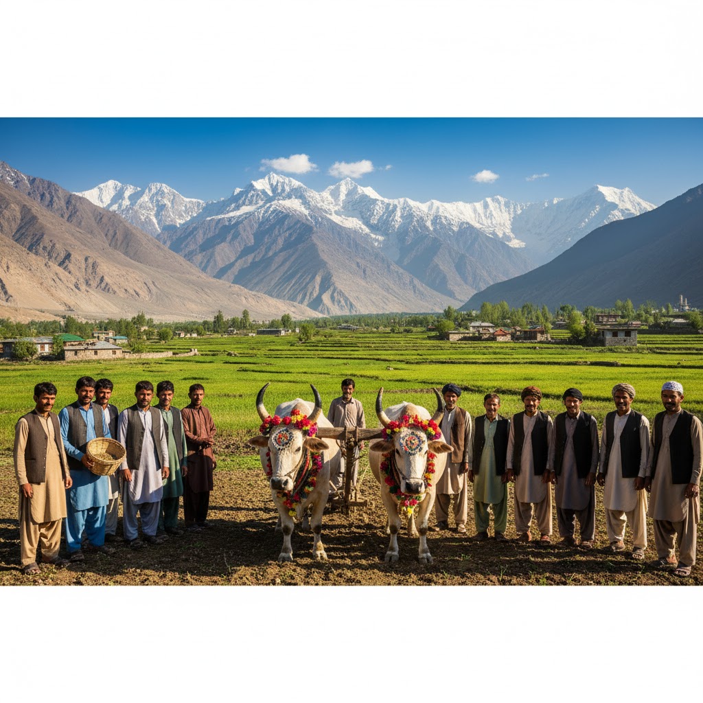 Farmers celebrating Jashan-e-Tukham Razi in Yasin Valley, Gilgit-Baltistan, with oxen decorated for spring sowing