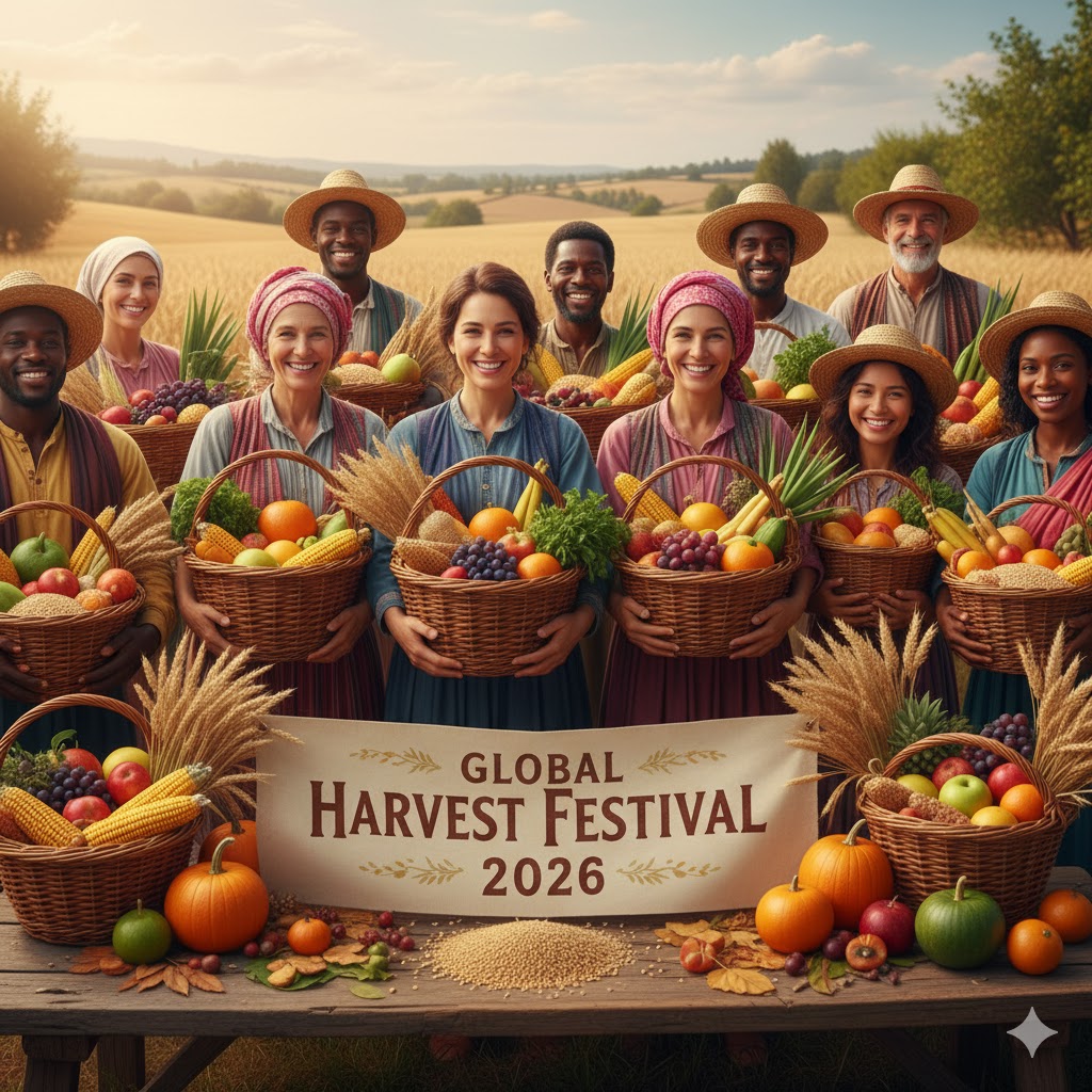 Farmers holding baskets of grains and fruits during global Harvest Festival 2026
