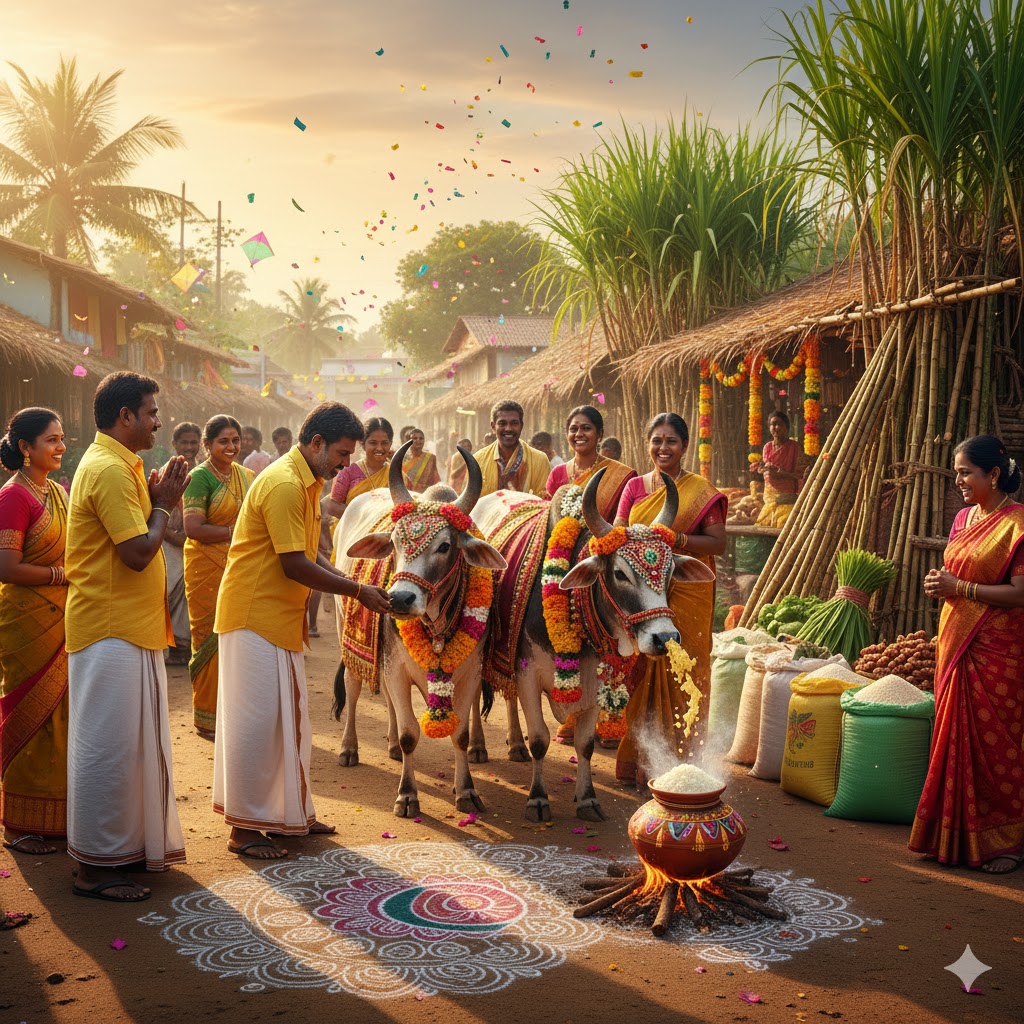 Farmers in Tamil Nadu celebrating Pongal with decorated cows and sugarcane stalls
