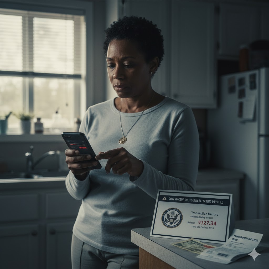 Federal employee checking paycheck delay during 2025 U.S. government shutdown