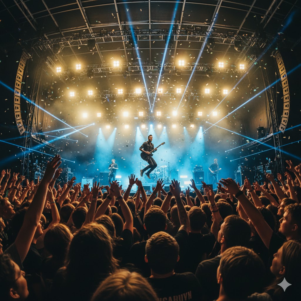 Festival crowd dancing under stage lights during Kasabian’s live set at Neighbourhood Weekender.