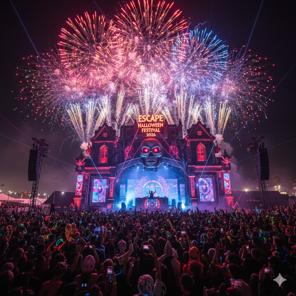 Festival crowd enjoying main stage fireworks during Escape Halloween Festival 2026