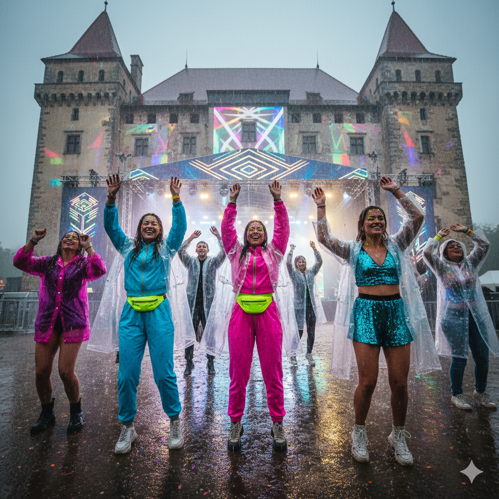 Festivalgoers dancing in the rain at Electric Castle 2026, Cluj-Napoca