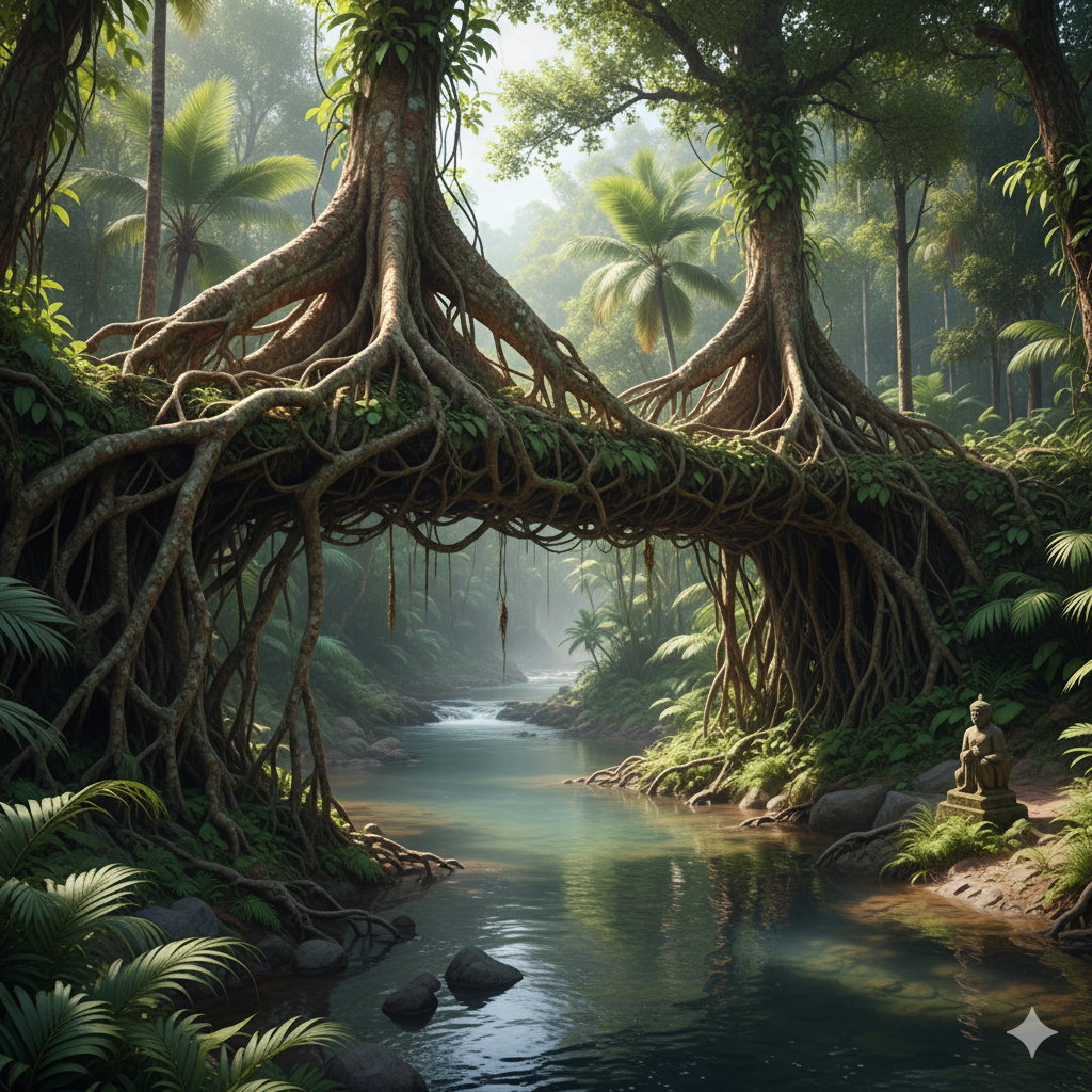 Ficus elastica roots forming a natural bridge across a river