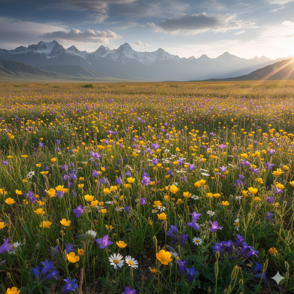 Field of wildflowers blooming across Deosai plains under summer sunlight. Field of wildflowers blooming across Deosai plains under summer sunlight.