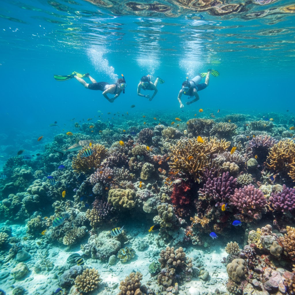 Fiji coral reef snorkeling scene with crystal water and fish