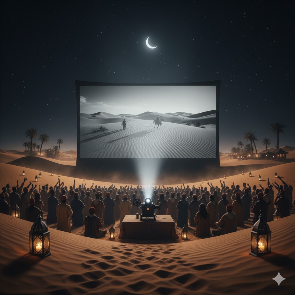 Film projection glowing on desert dunes during Marrakech Festival