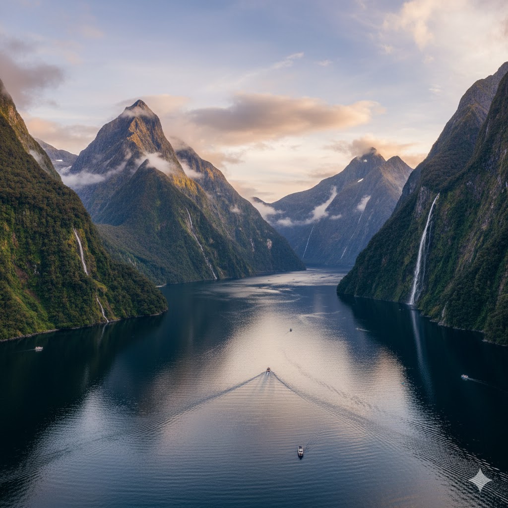 Fiordland’s Milford Sound surrounded by dramatic peaks, New Zealand