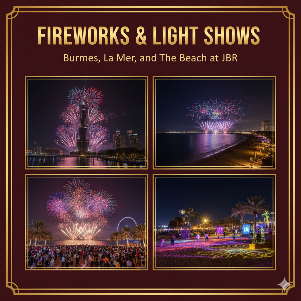 Fireworks at Burj Khalifa, La Mer, and The Beach at JBR
