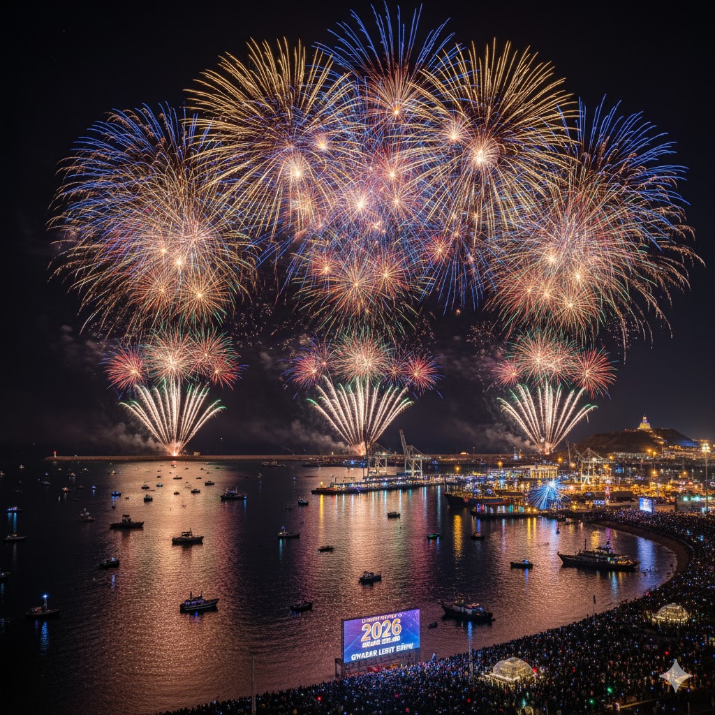 Fireworks illuminating Gwadar harbor at New Year 2026 Light Show