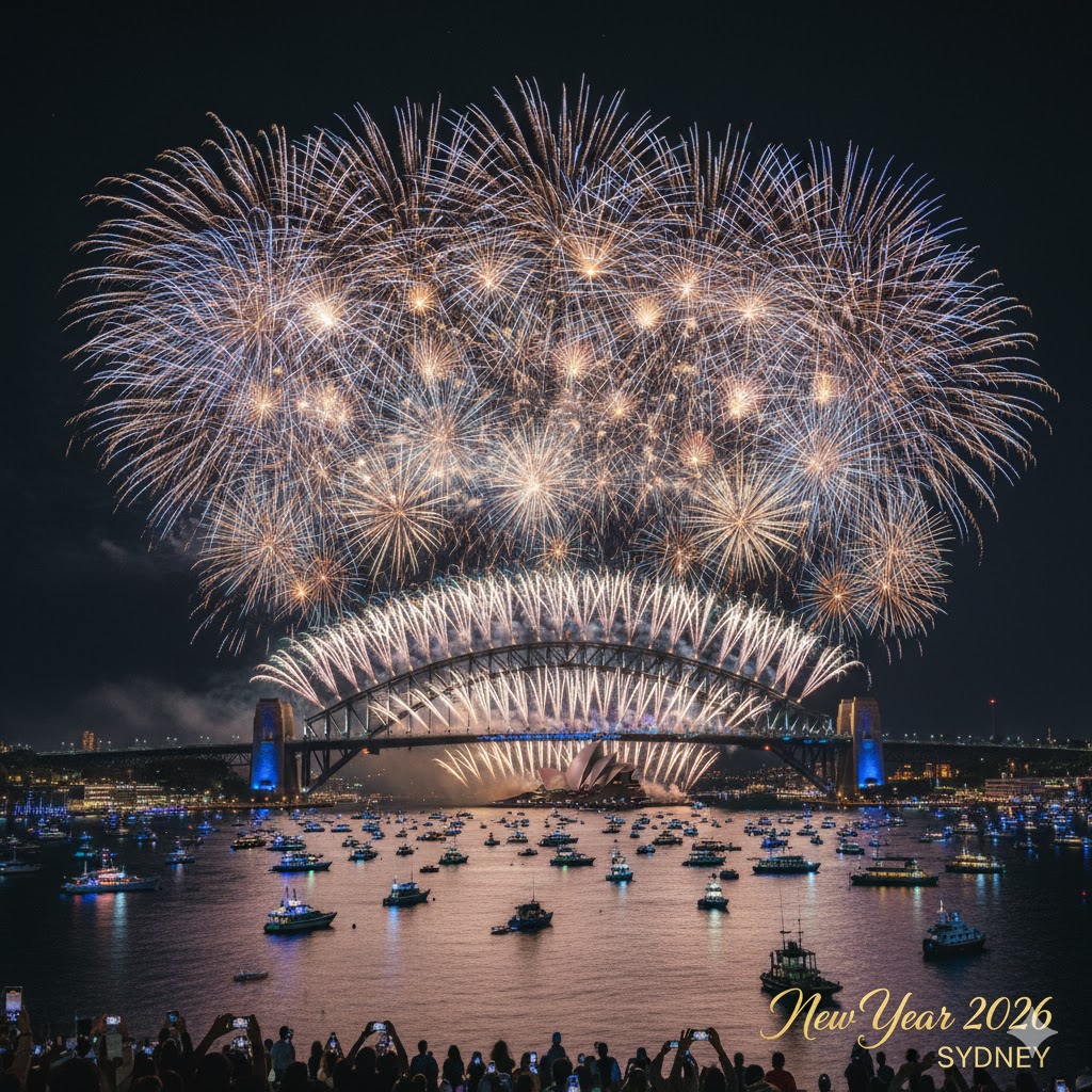Fireworks lighting up Sydney Harbour during New Year 2026 celebrations