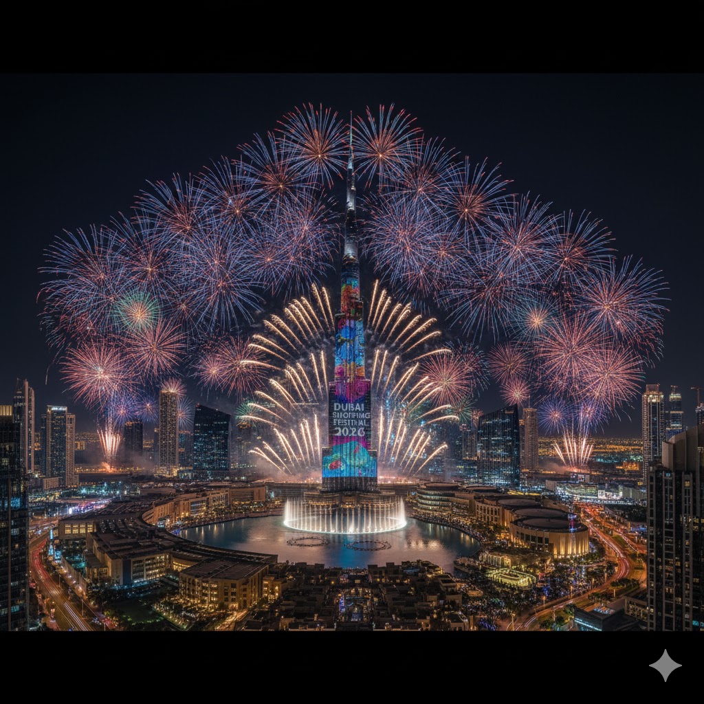 Fireworks over Dubai Mall during Dubai Shopping Festival 2026 night skyline.