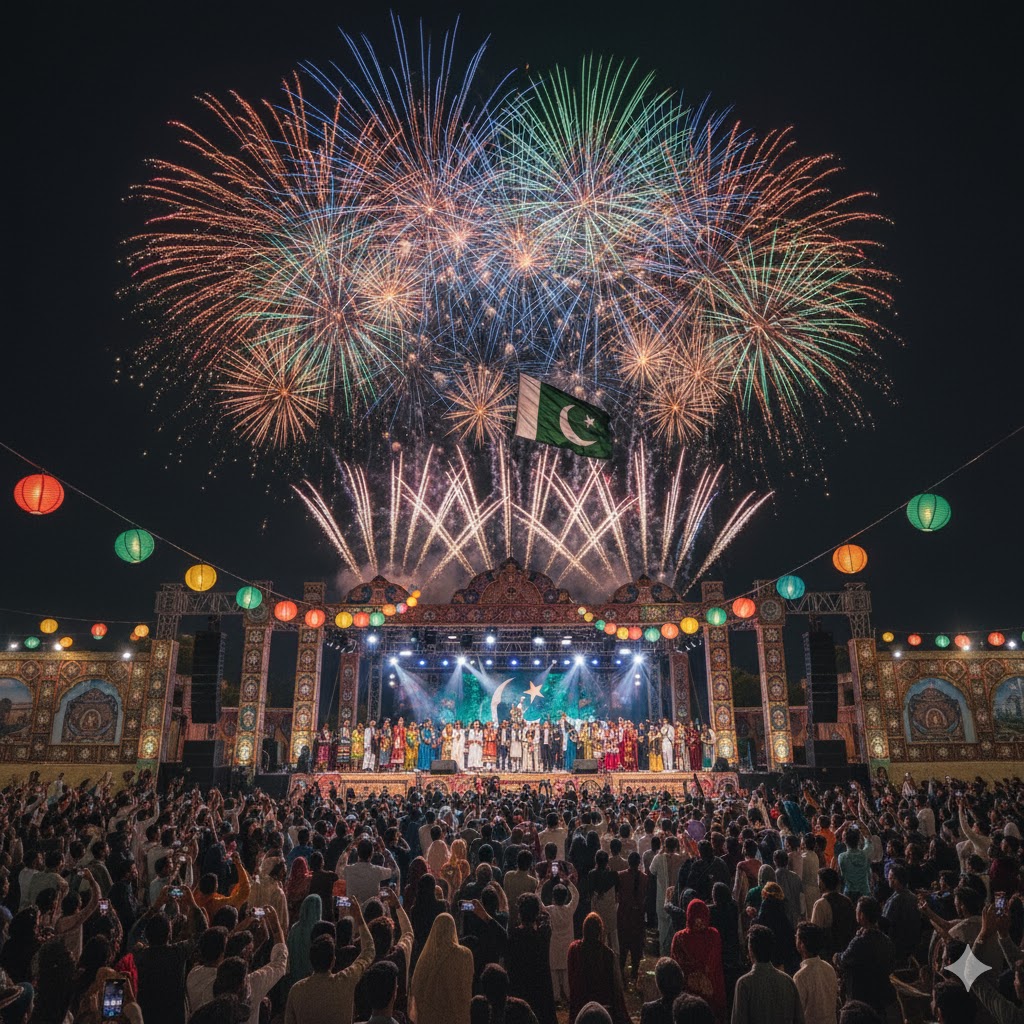 Fireworks over Lok Virsa Mela Islamabad stage during the 2025 closing ceremony with performers holding national flags in harmony Fireworks over Lok Virsa Mela Islamabad stage during the 2025 closing ceremony with performers holding national flags in harmony