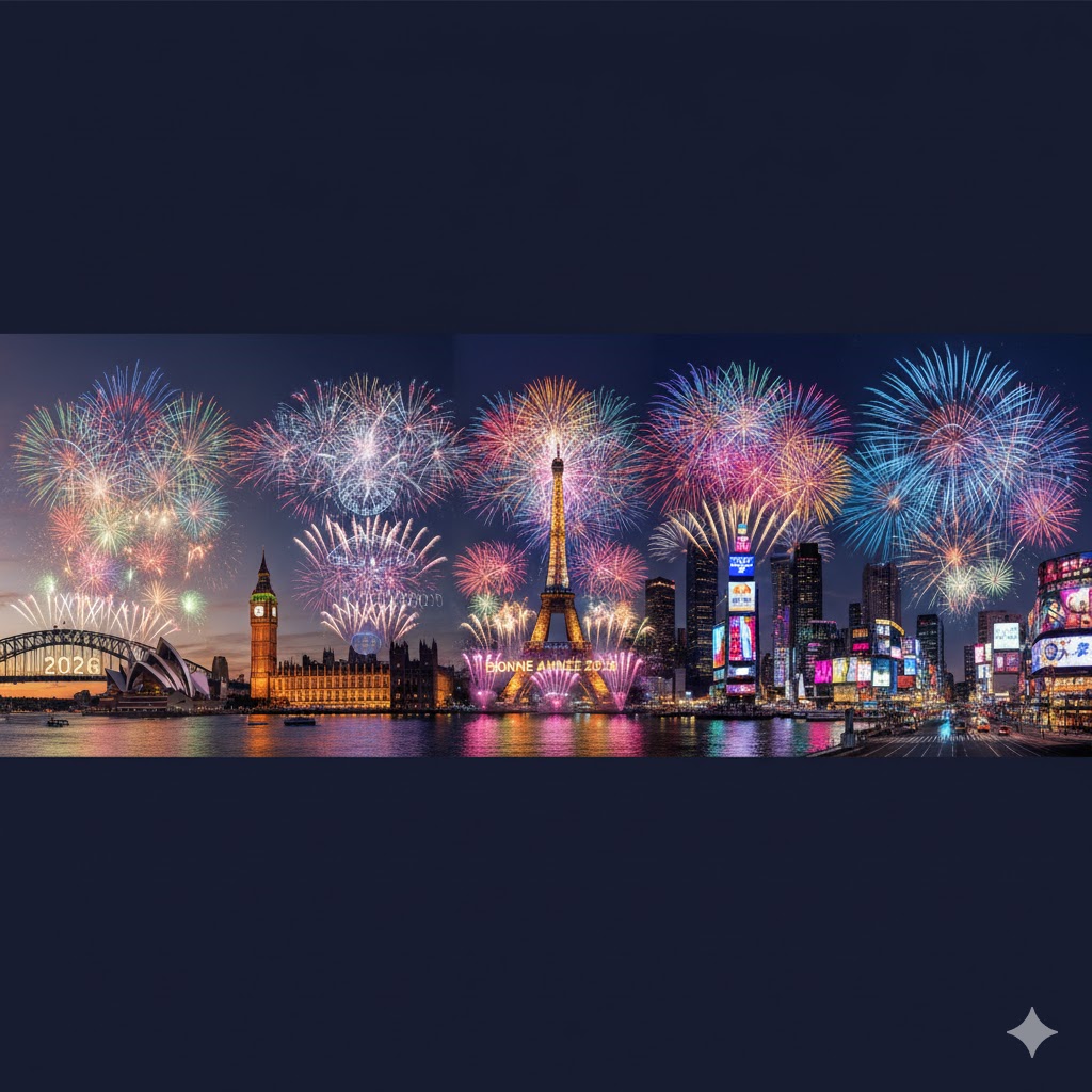 Fireworks over cities across the globe celebrating the New Year 2026 in vibrant colors