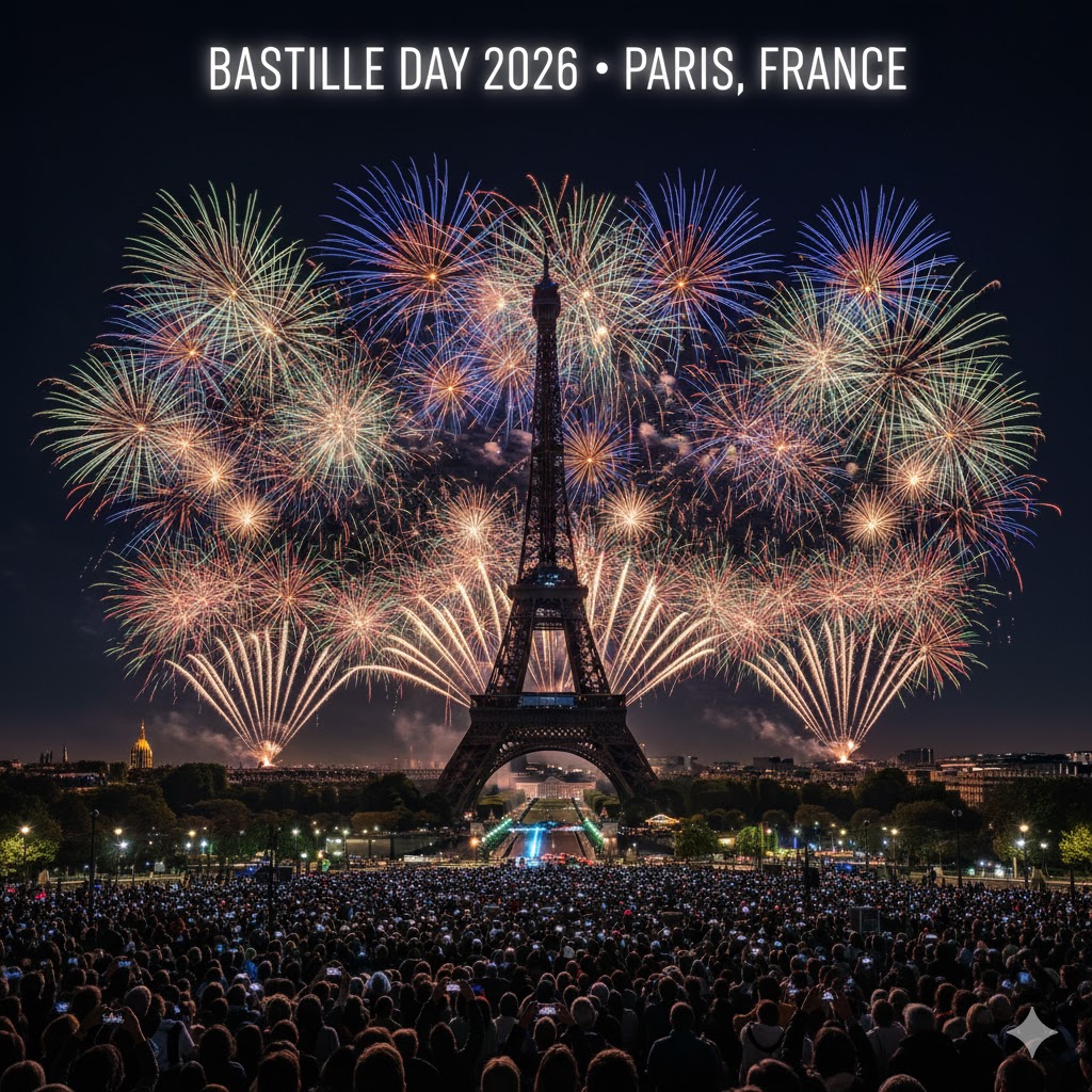 Fireworks over the Eiffel Tower during Bastille Day 2026 in Paris