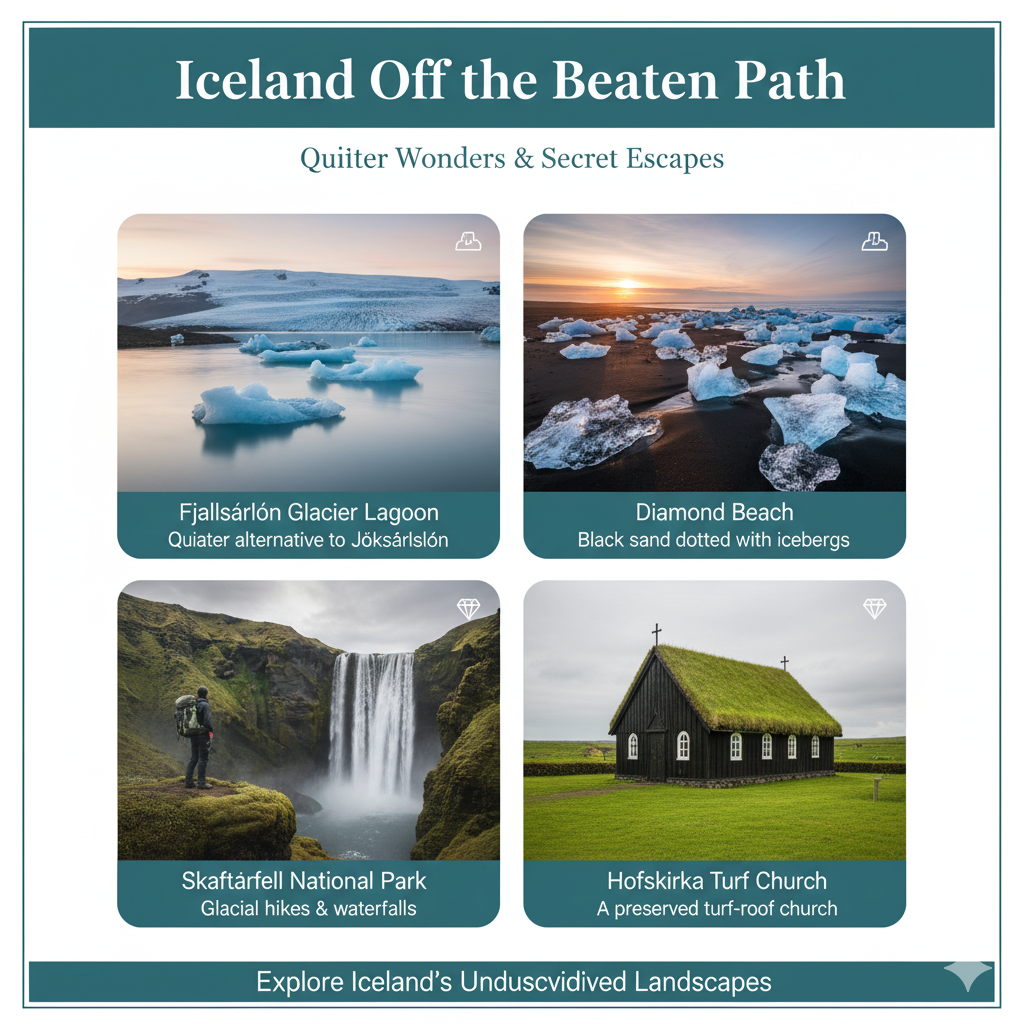 Fjallsárlón Glacier Lagoon, Skaftafell National Park, Diamond Beach, Hofskirkja Turf Church