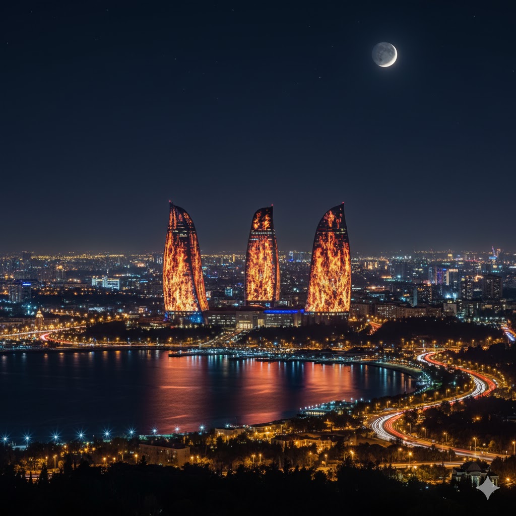 Flame Towers illuminated in Baku night skyline