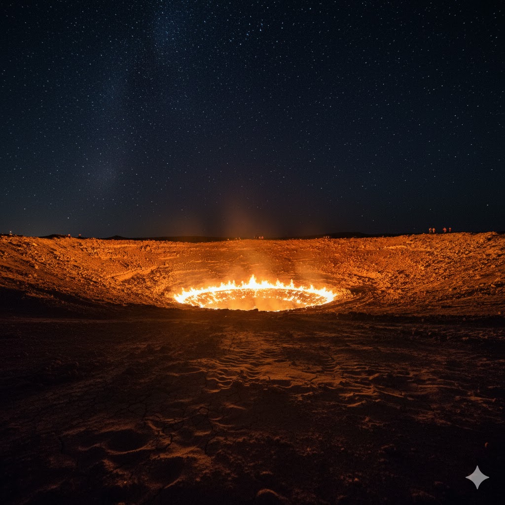 Flaming Darvaza Gas Crater glowing at night in the Karakum Desert, Turkmenistan