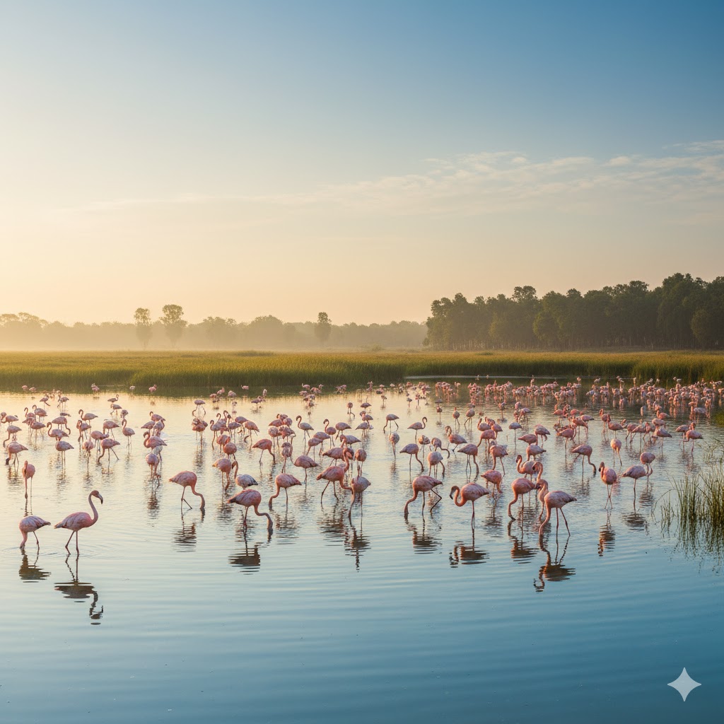 Flamingos wading across tranquil waters at Patisar Lake within Lal Suhanra National Park, Bahawalpur. Flamingos wading across tranquil waters at Patisar Lake within Lal Suhanra National Park, Bahawalpur.