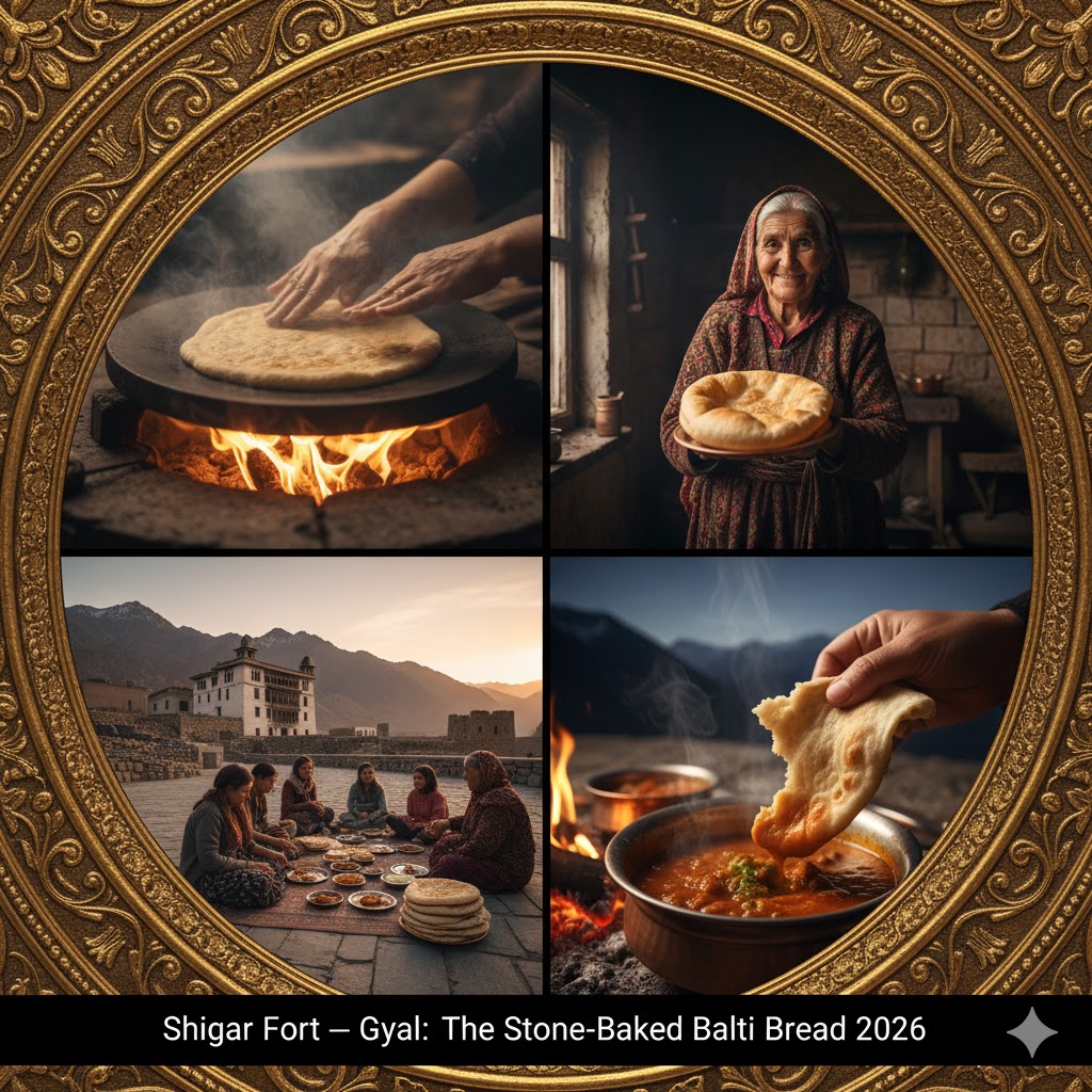 Flat Balti bread (Gyal) being baked on a stone griddle near Shigar Fort