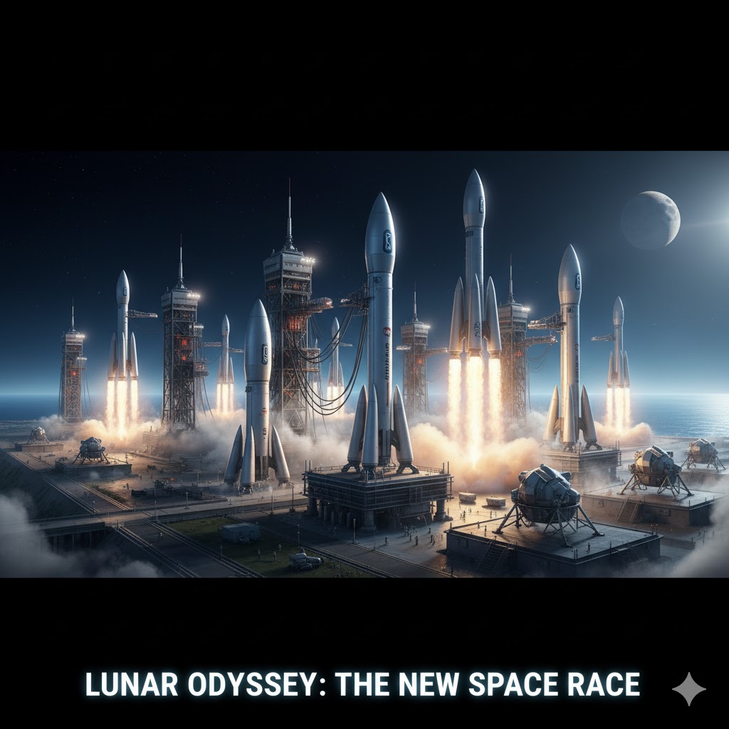 Fleet of rockets and lunar landers preparing for space tourism flights to the moon