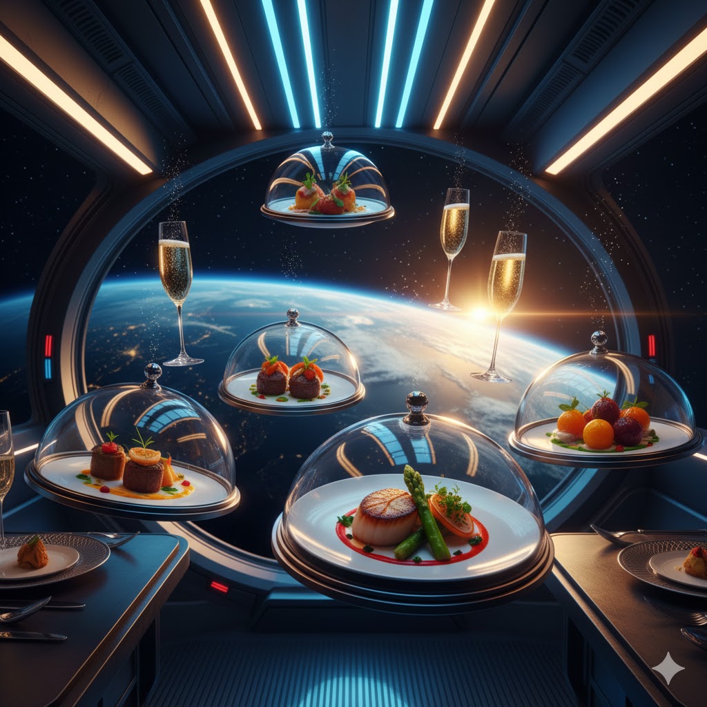 Floating gourmet dishes and drinks in zero gravity dining experience