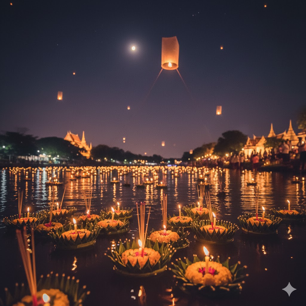 Floating krathongs with candles on water during Thailand’s Loy Krathong night