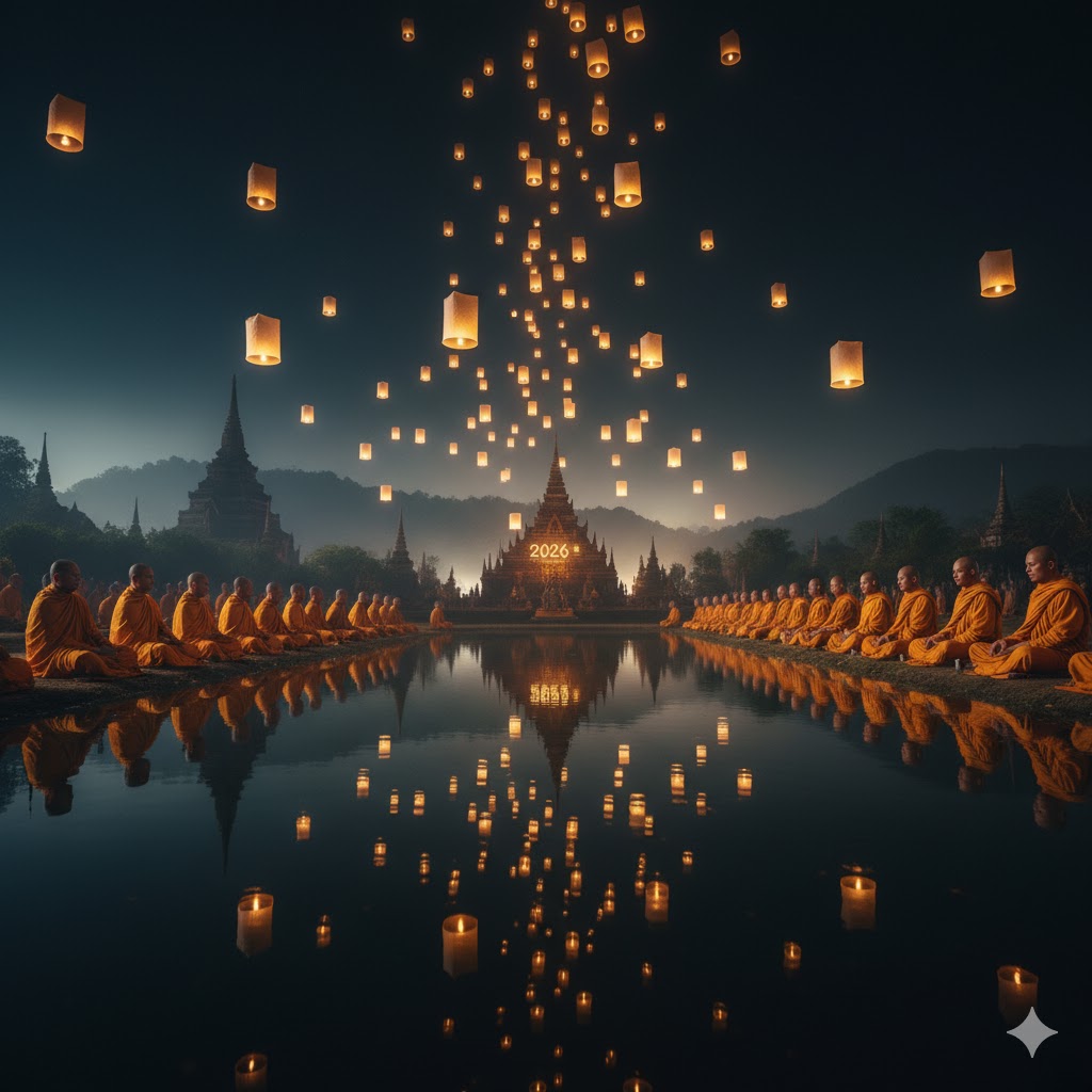 Floating lanterns and monks meditating during Vesak Day 2026 night ceremony