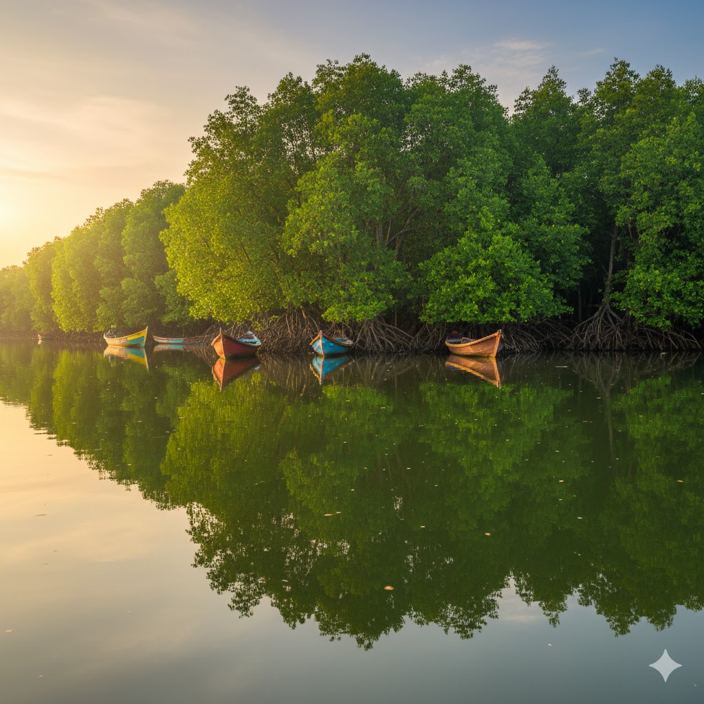 Floating mangrove forest reflecting in Kerala’s Vembanad backwaters.