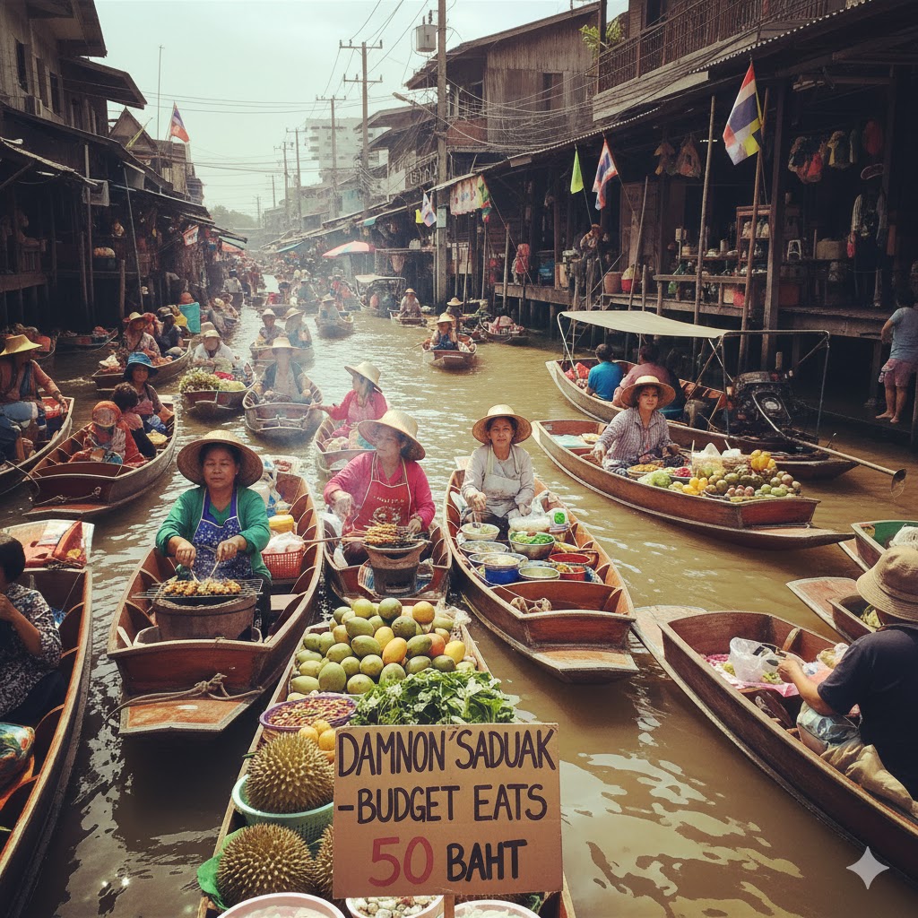 floating market in Bangkok, Thailand, captured with a budget traveler's perspective in mind – bustling with activity and local charm