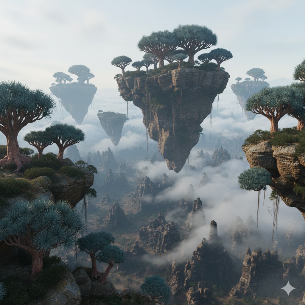 Floating rocks surrounded by mist and Dragon’s Blood trees on Socotra Island, Yemen. Floating rocks surrounded by mist and Dragon’s Blood trees on Socotra Island, Yemen.