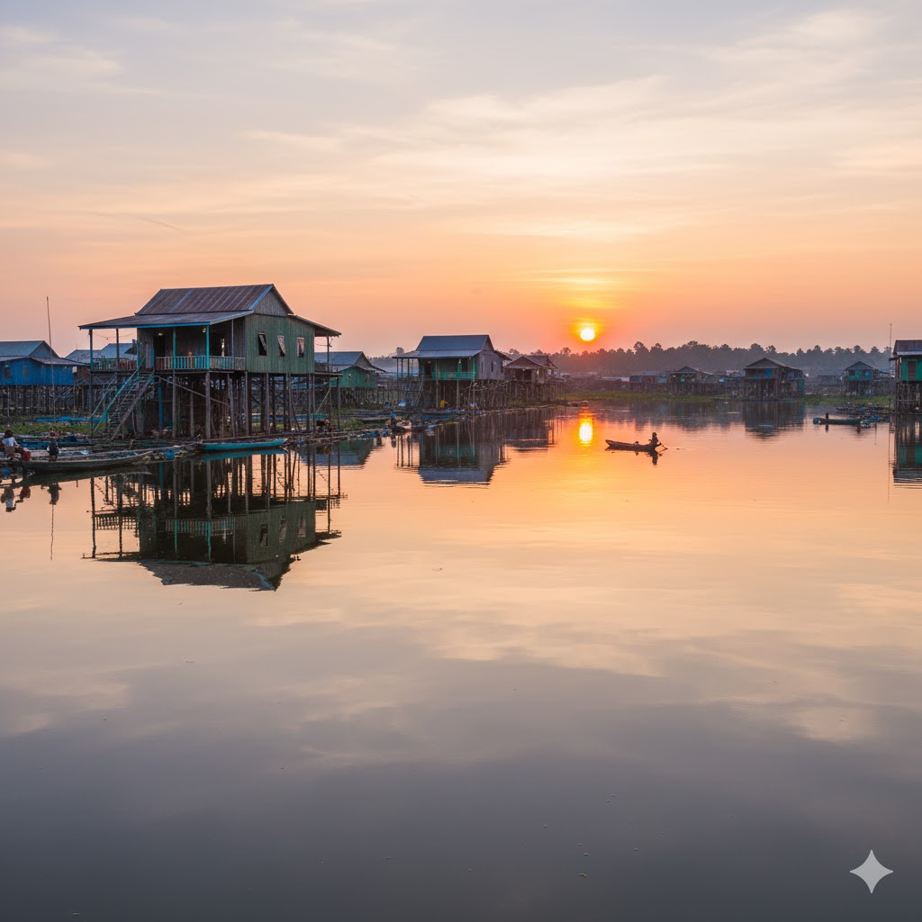 Floating stilt houses reflecting in Tonlé Sap Lake, Cambodia at sunset. 